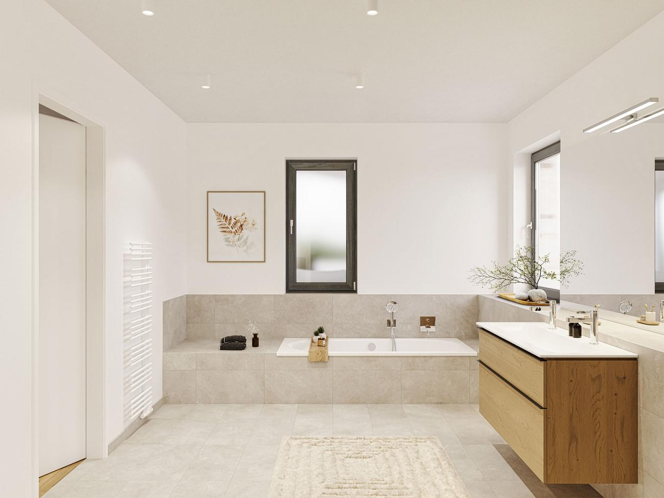 Badezimmer mit Einbaubadewanne und Handtuchheizkörper