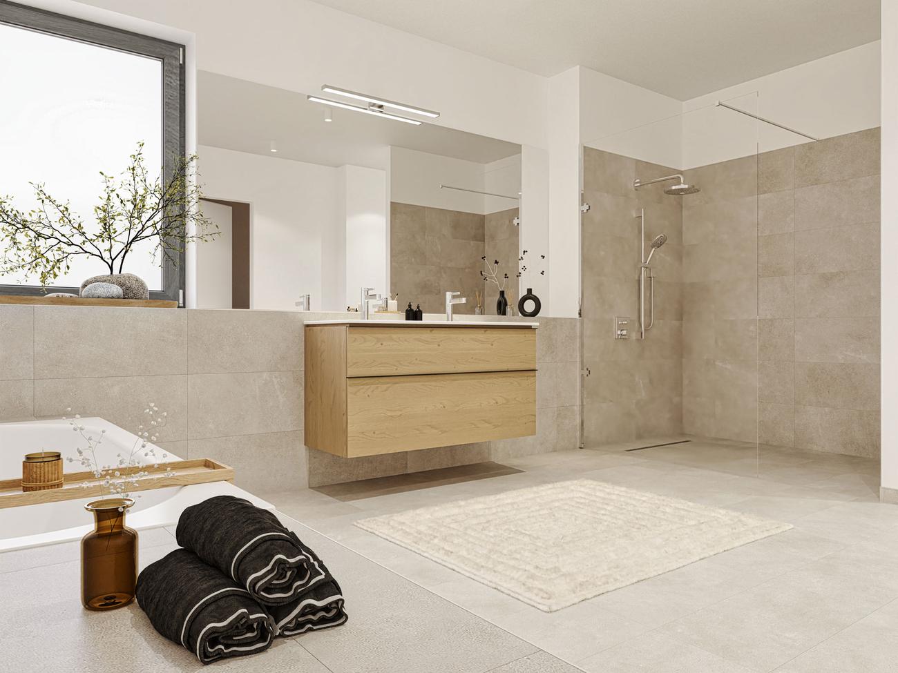 Badezimmer mit Doppelwaschtisch und bodengleicher Dusche
