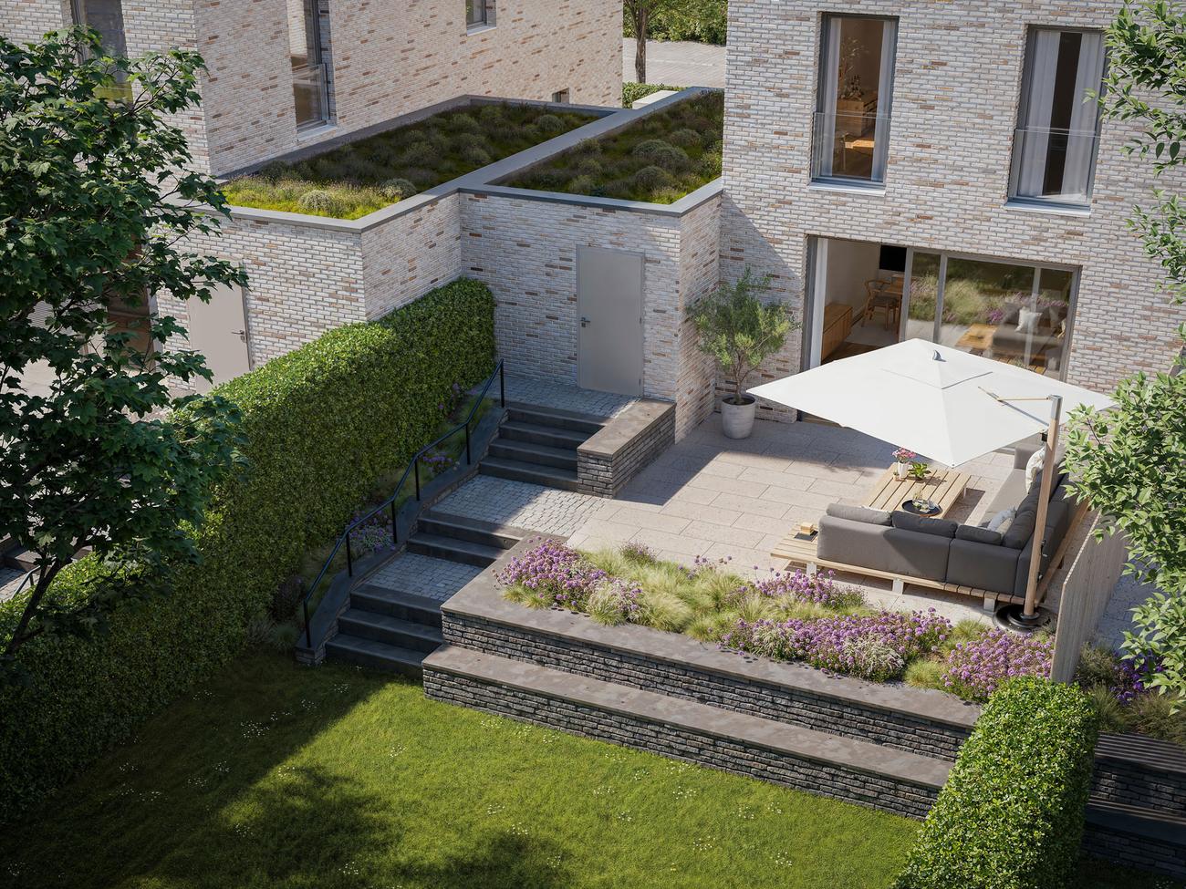 Blick von oben auf Terrasse, Gartenstufen und Dachbegrünung