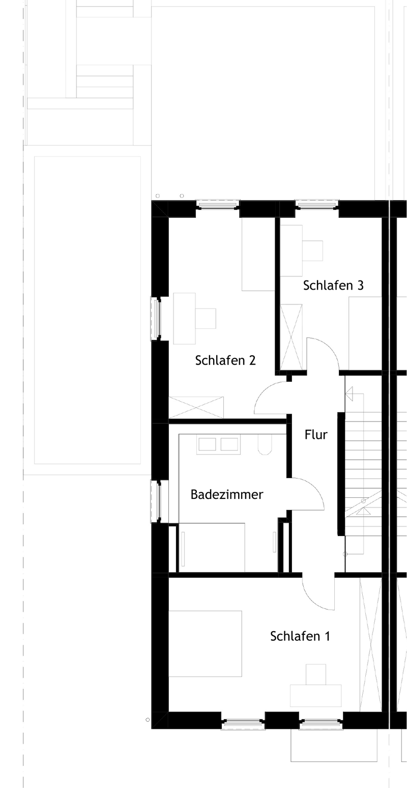 Grundriss 1. Obergeschoss, linke Haushälfte