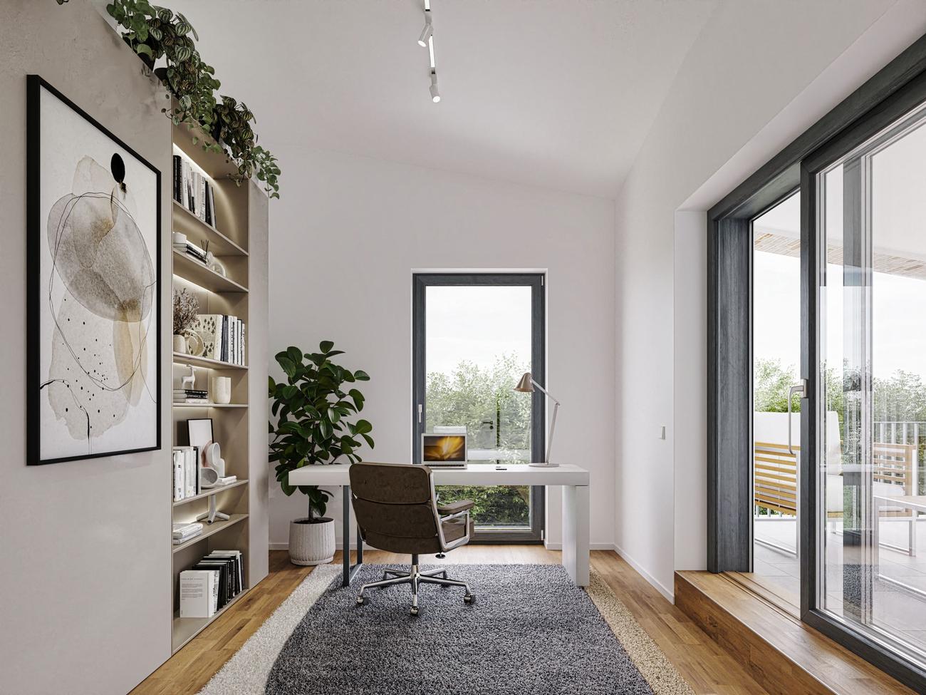Arbeitszimmer mit Schreibtisch und Zugang zur Terrasse