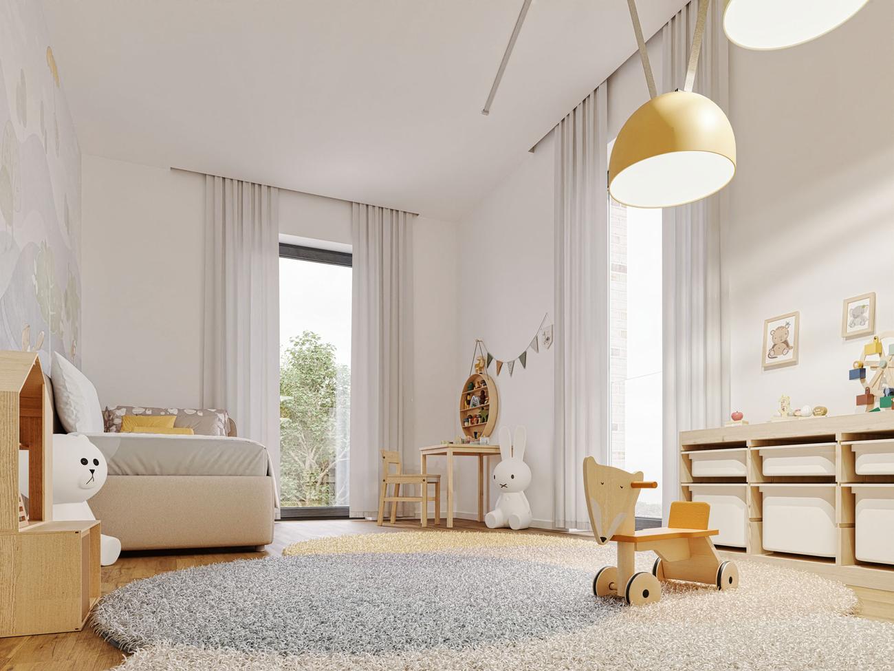 Kinderzimmer mit Dachschräge und bodentiefen Fenstern