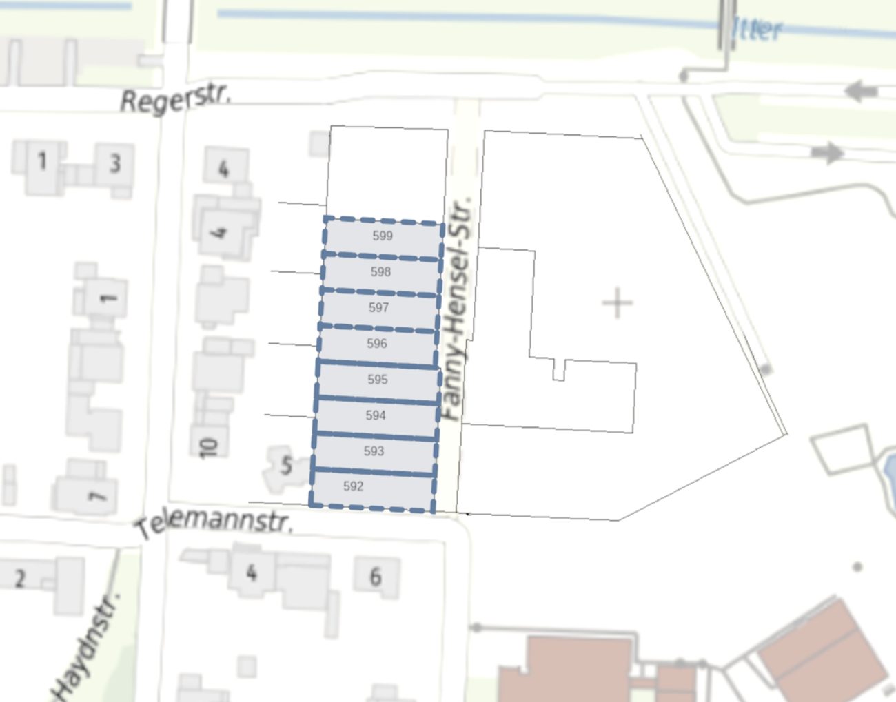 Lageplan: acht Grundstücke an der Fanny-Hensel-Straße zwischen Regerstraße und Telemannstraße, Flurstücke 592 bis 599