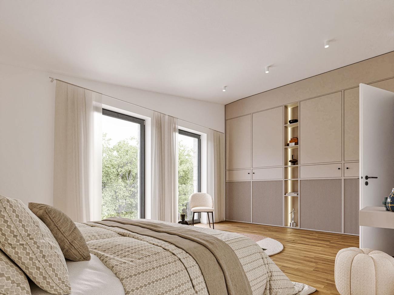 Schlafzimmer mit bodentiefen Fenstern und Einbauschrank