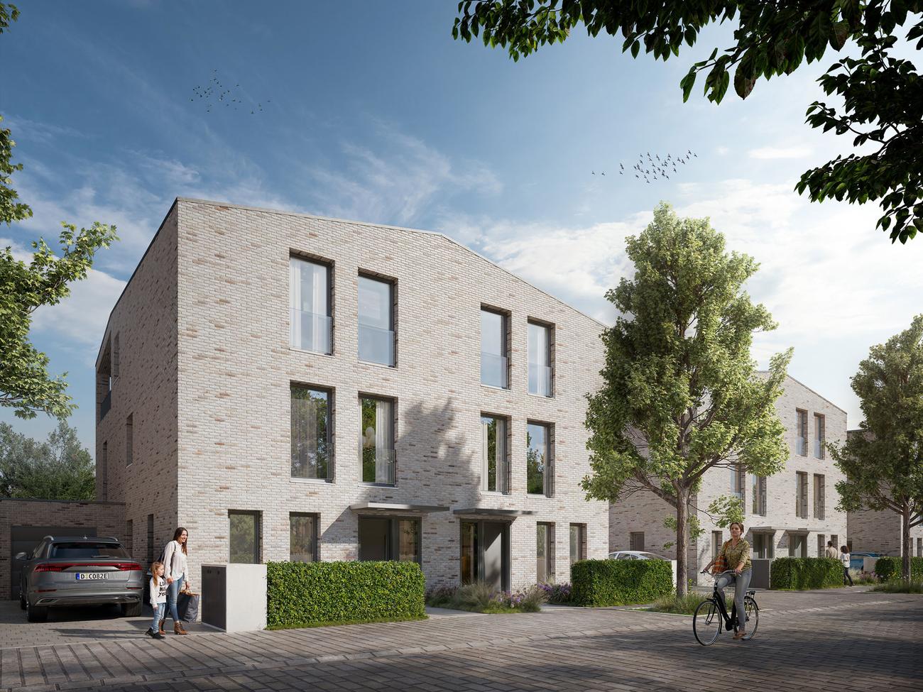 Straßenansicht der Doppelhaushälften im Quartier am Schlosspark, Düsseldorf-Benrath